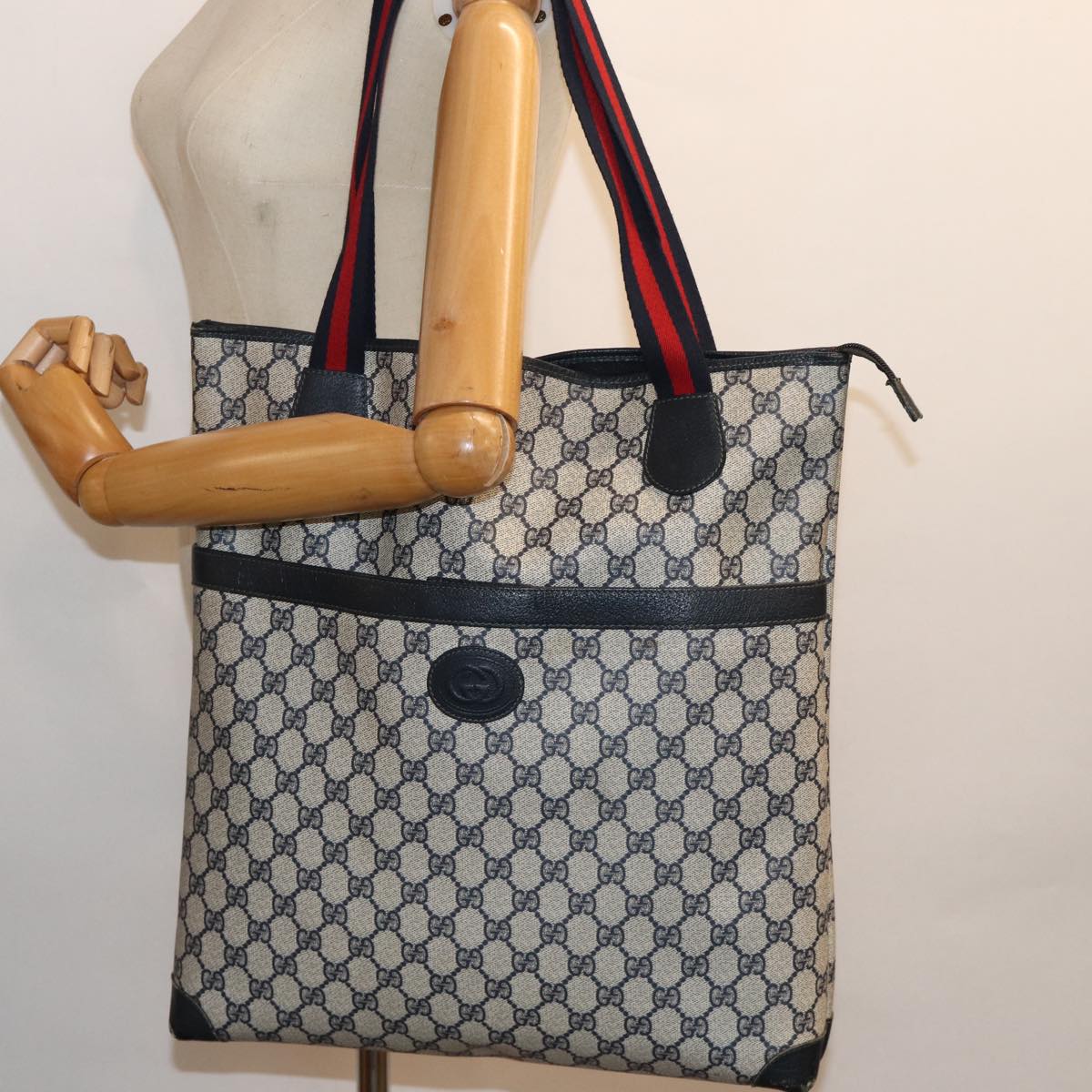 GUCCI GG Supreme Sherry Line Tote Bag PVC Navy Red yk12029