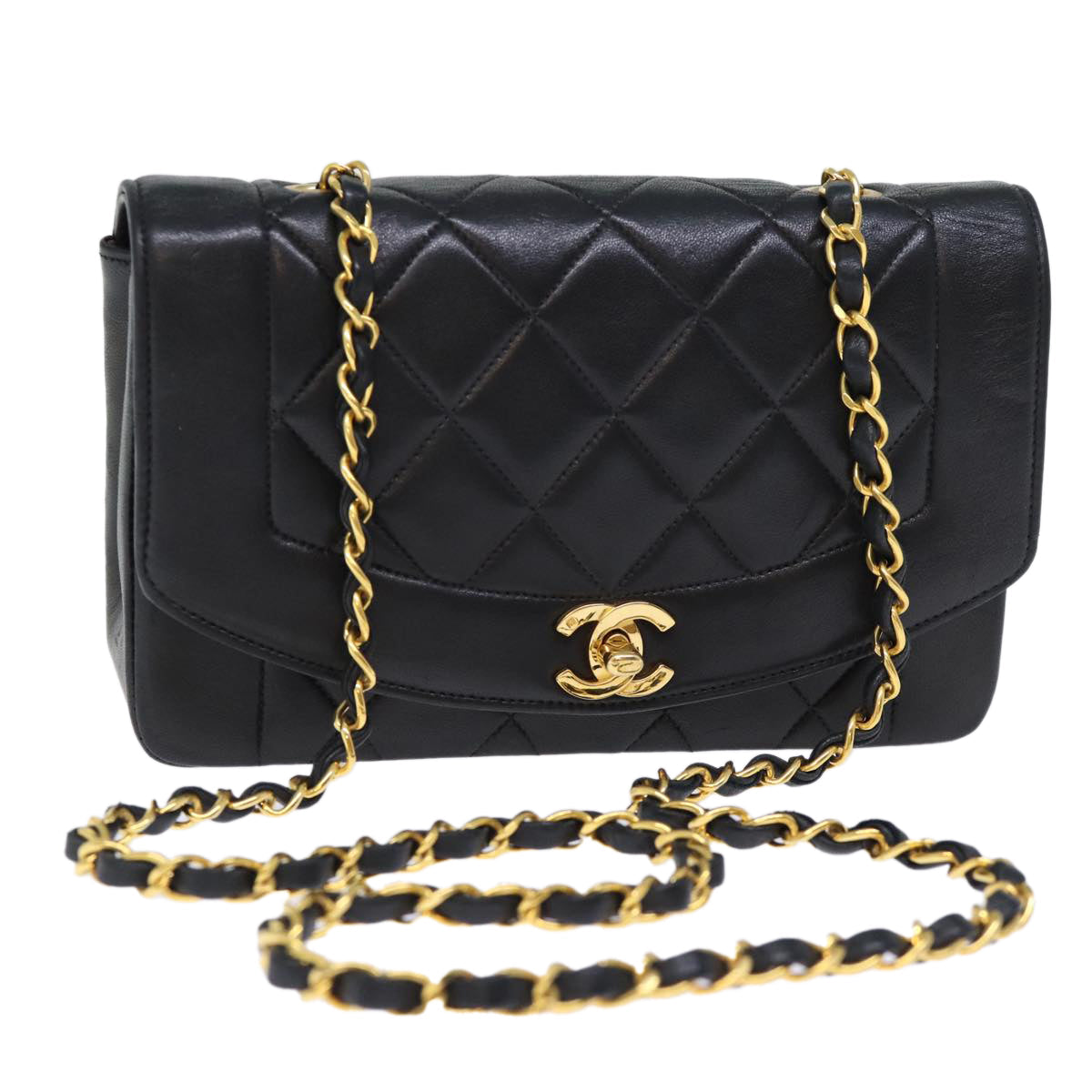 CHANEL Diana Matelasse Chain Shoulder Bag Lamb Skin Black CC yk12192A