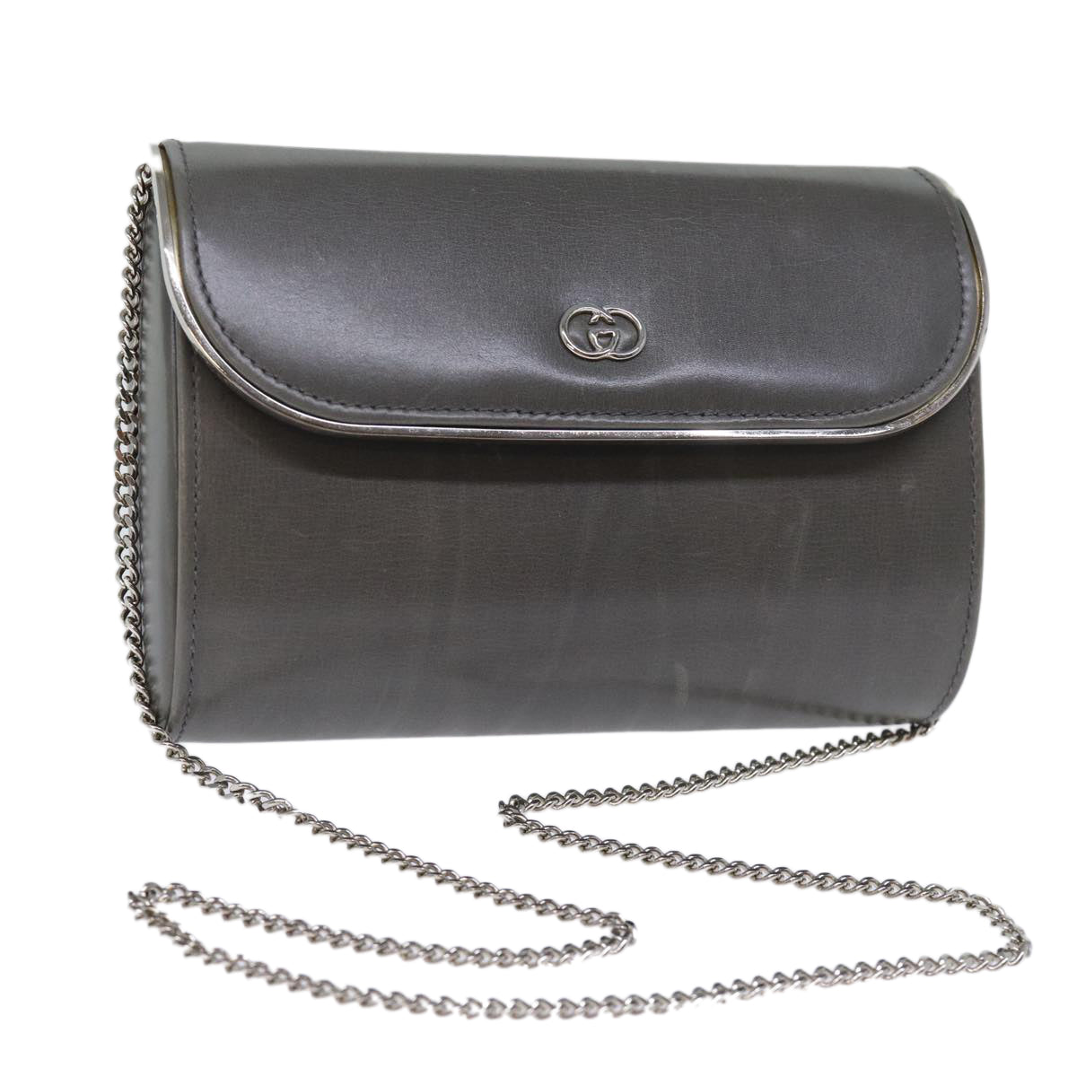 GUCCI Chain Shoulder Bag Leather Gray 004 056 0960 yk12358