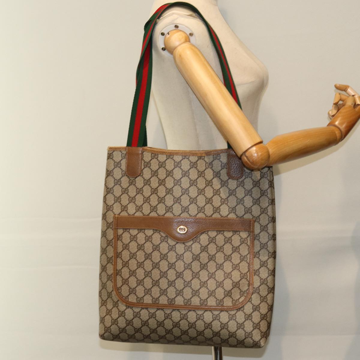 GUCCI GG Supreme Web Sherry Line Tote Bag PVC Beige Red 89 02 003 yk12451