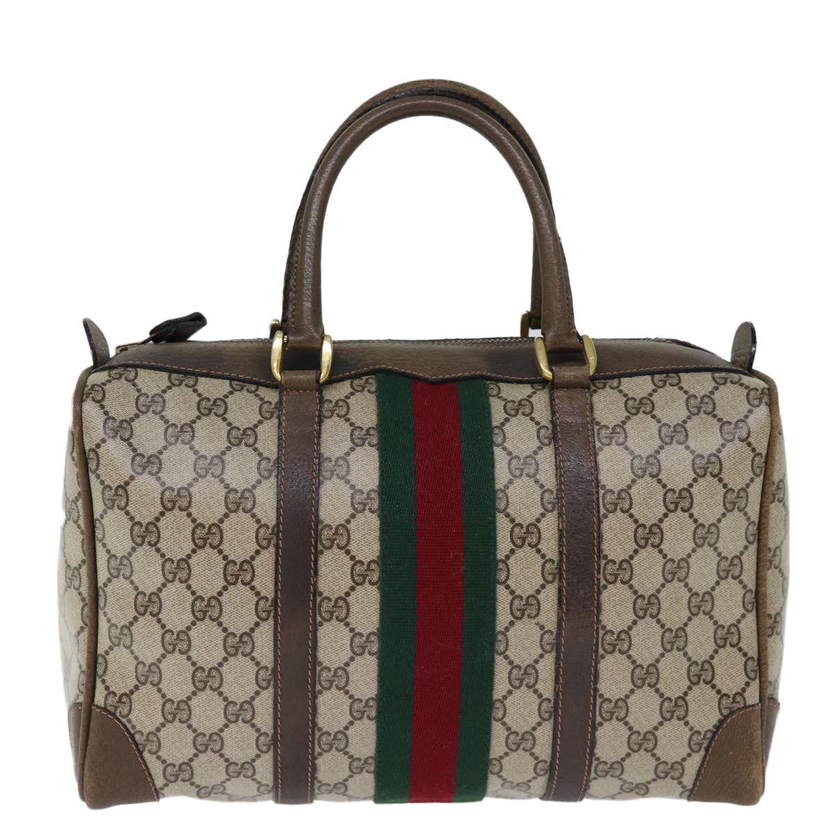 GUCCI GG Supreme Web Sherry Line Boston Bag PVC Vintage Beige Red yk12465