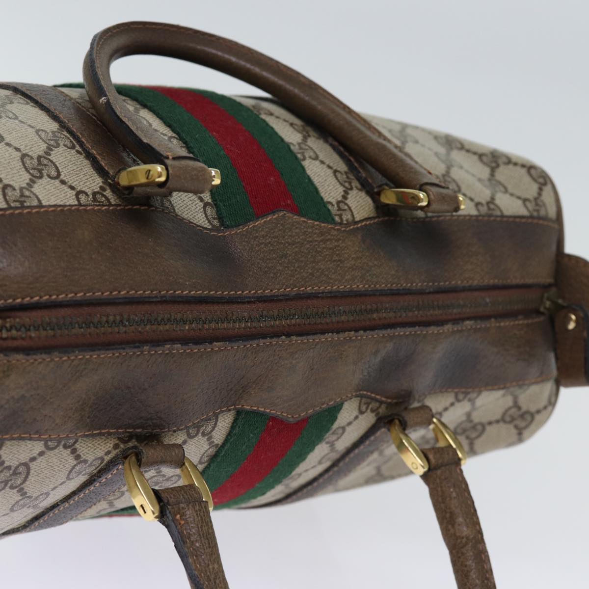 GUCCI GG Supreme Web Sherry Line Boston Bag PVC Vintage Beige Red yk12465
