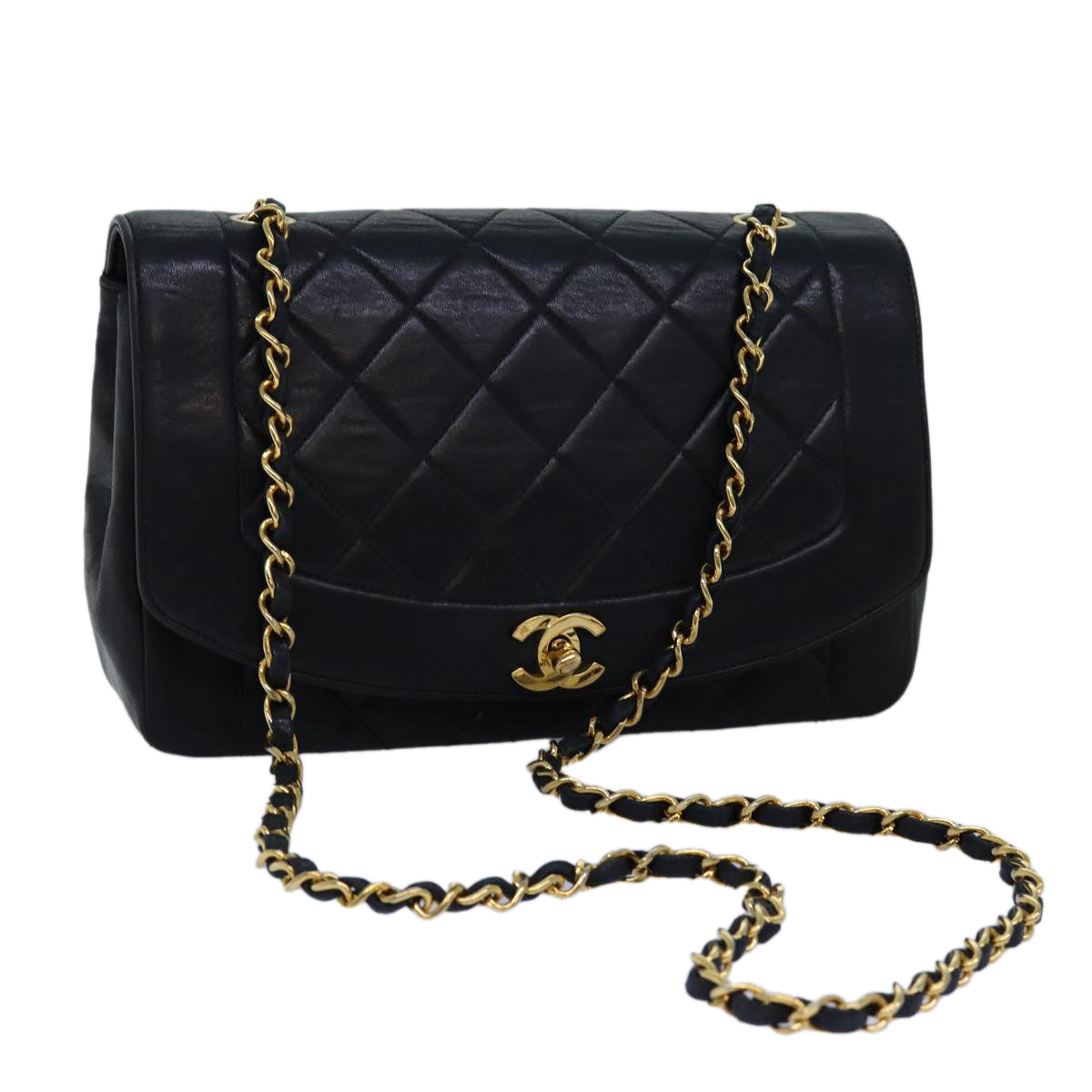 CHANEL Diana Matelasse Chain Shoulder Bag Lamb Skin Black CC yk12474