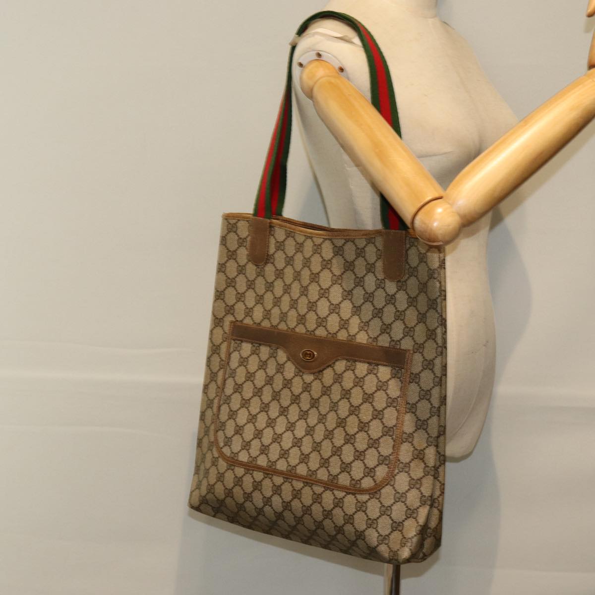 GUCCI GG Supreme Web Sherry Line Tote Bag PVC Beige Red Green yk12492