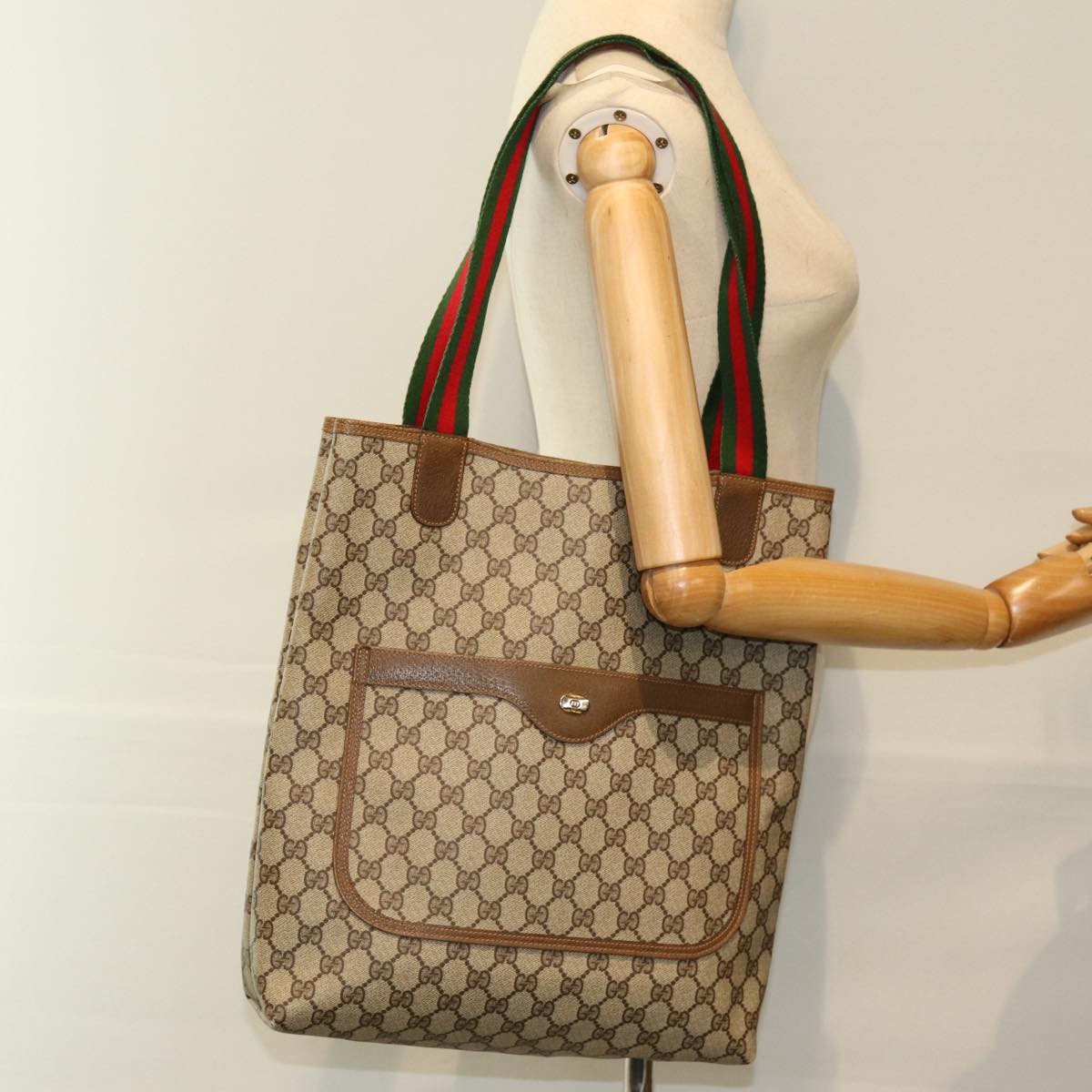 GUCCI GG Supreme Web Sherry Line Tote Bag PVC Beige Red 40 02 003 yk12529
