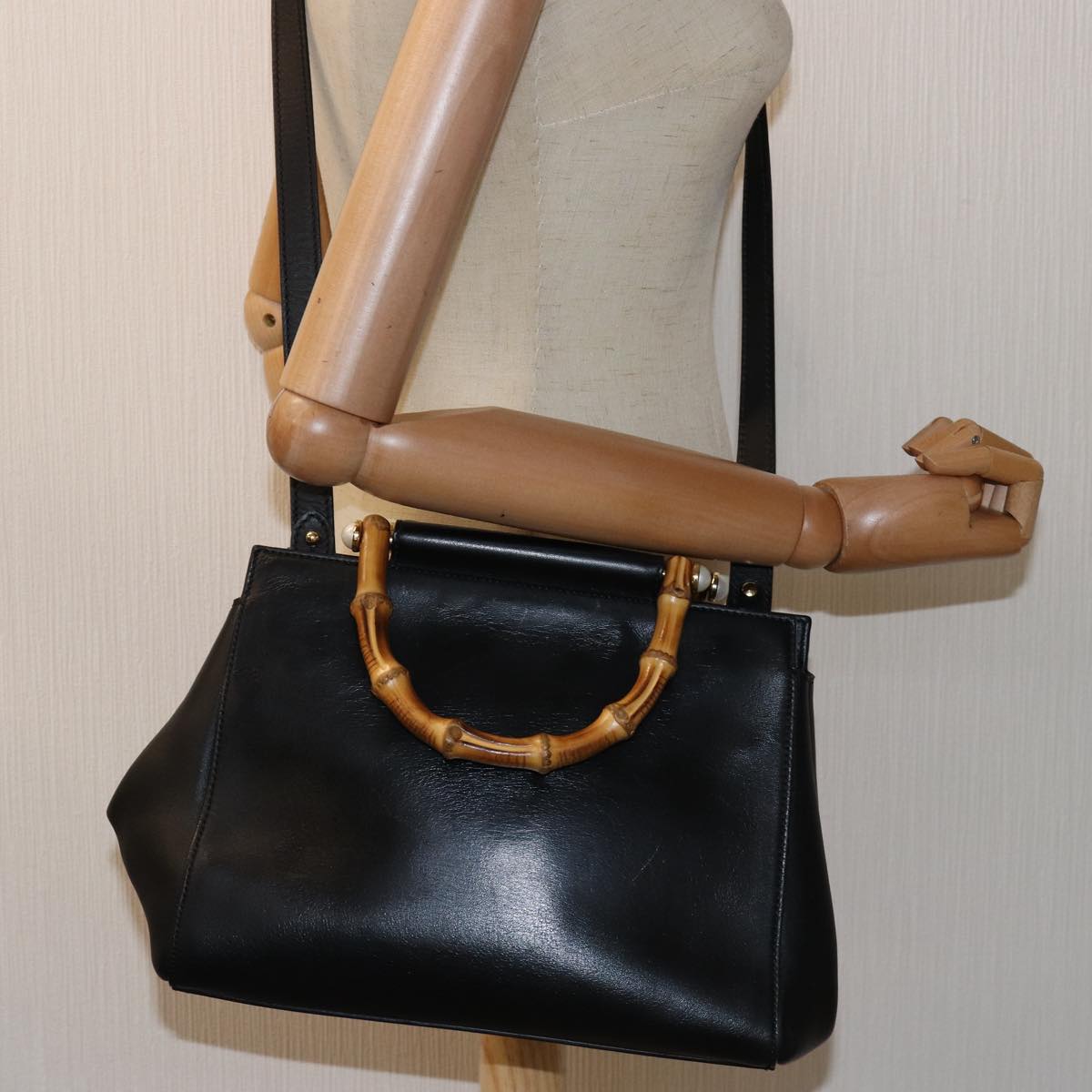 GUCCI Bamboo Nimfair Small Hand Bag Leather 2way Black 453767 yk12625