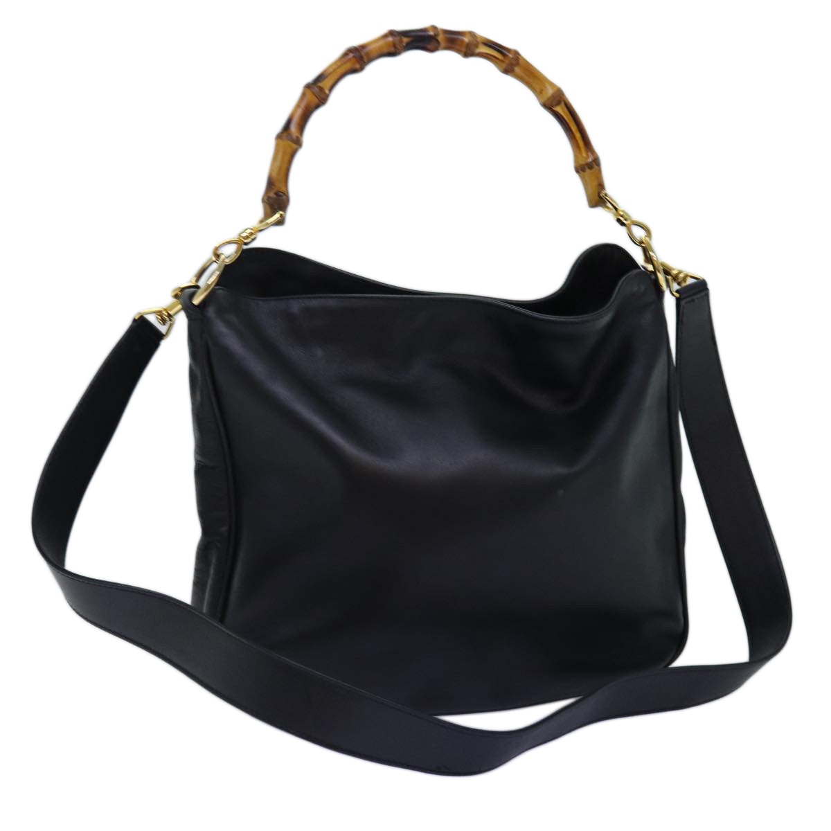 GUCCI Bamboo Hand Bag Leather 2way Black 001 1638 yk12693