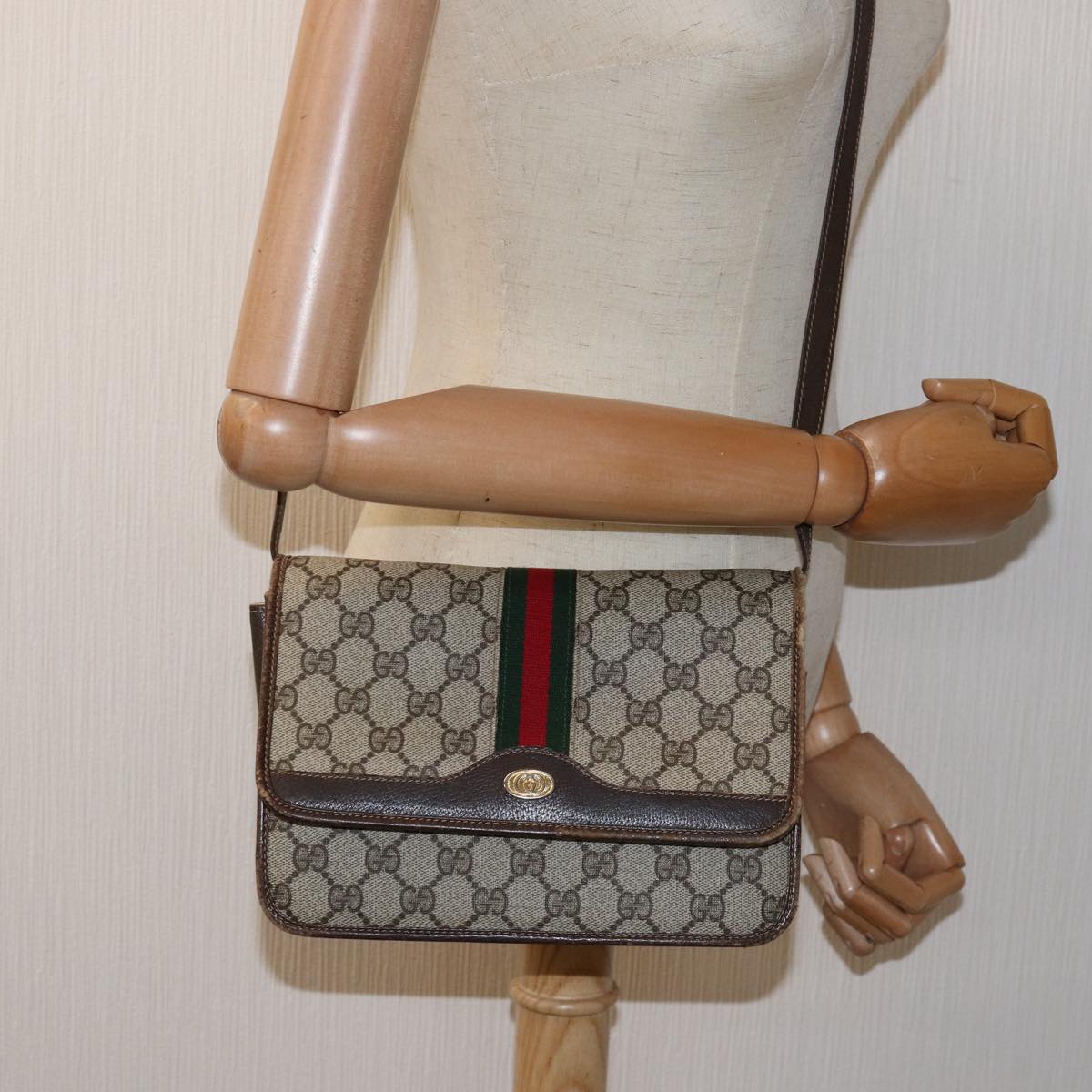 GUCCI GG Supreme Web Sherry Line Shoulder Bag PVC Beige Red Green yk12734