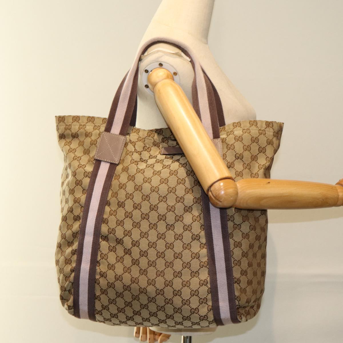 GUCCI GG Canvas Sherry Line Tote Bag Pink Beige 189669 yk12855