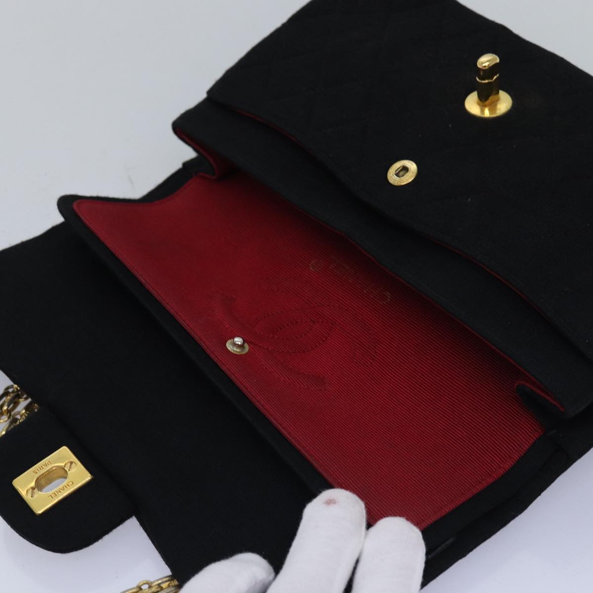 CHANEL Matelasse Turn Lock Chain Bag Cotton Vintage Black CC yk13023