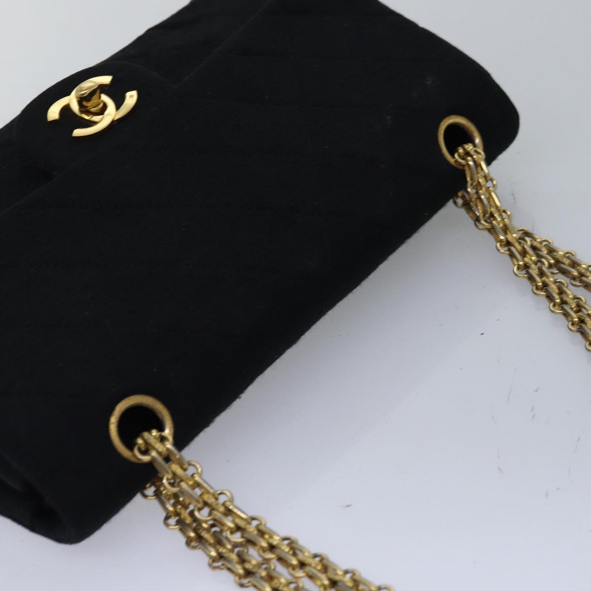 CHANEL Matelasse Turn Lock Chain Bag Cotton Vintage Black CC yk13023