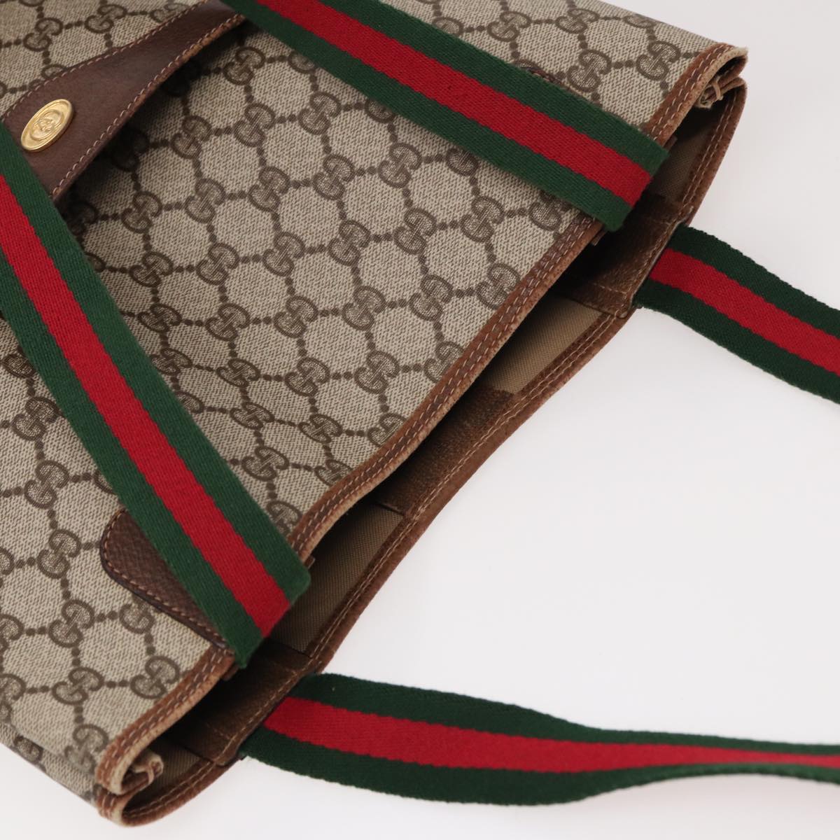 GUCCI GG Canvas Web Sherry Line Tote Bag PVC Leather Beige Green yk13433