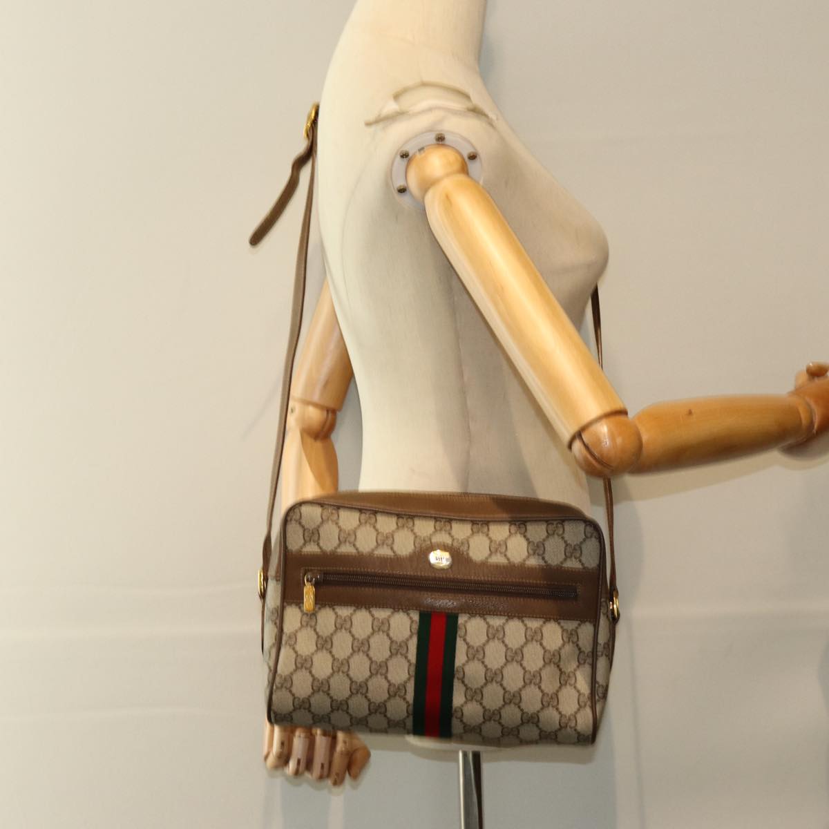 GUCCI GG Canvas Web Sherry Line Shoulder Bag PVC Leather Beige Red yk13472