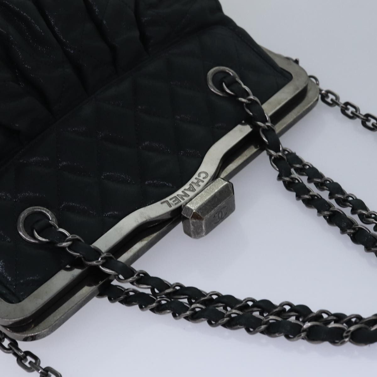 CHANEL Matelasse Chain Gamaguchi Hand Bag Leather 2way Black CC yk13501