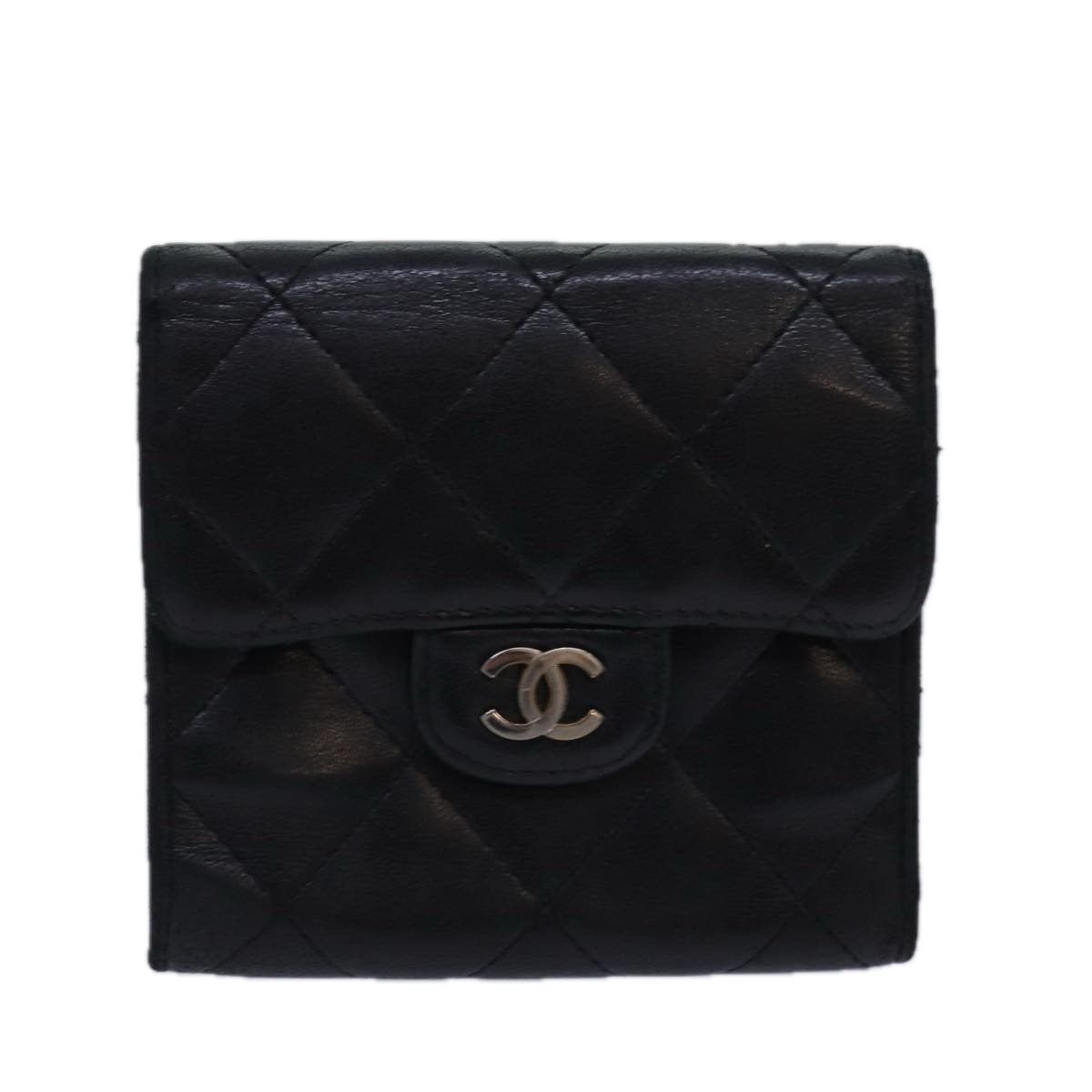 CHANEL Matelasse Compact Wallet Lamb Skin Black CC yk13810