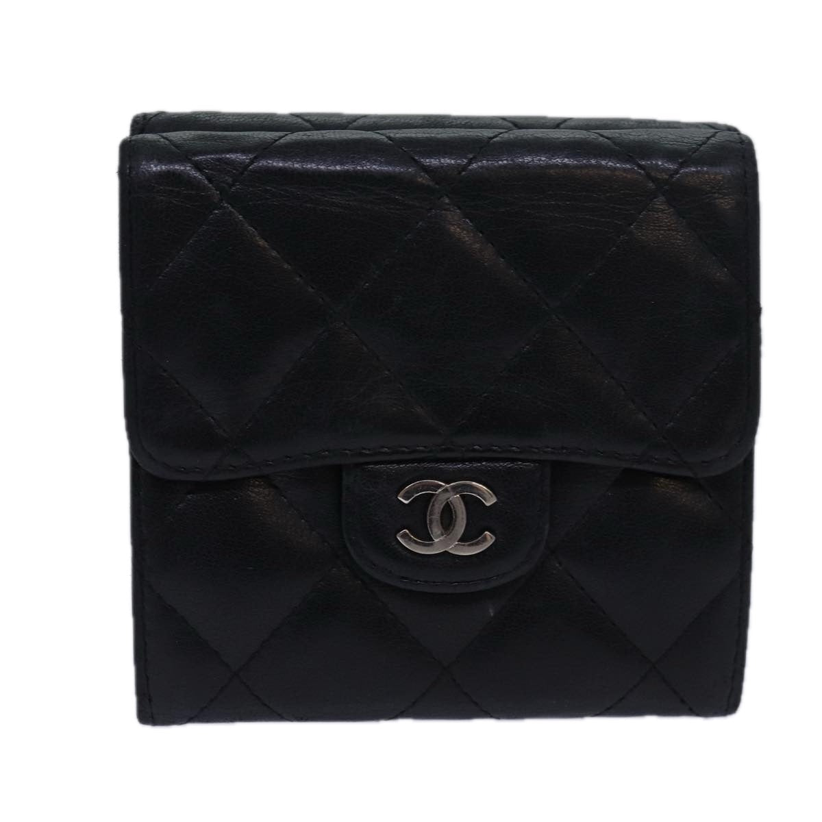 CHANEL Matelasse Compact Wallet Lamb Skin Black CC yk13810