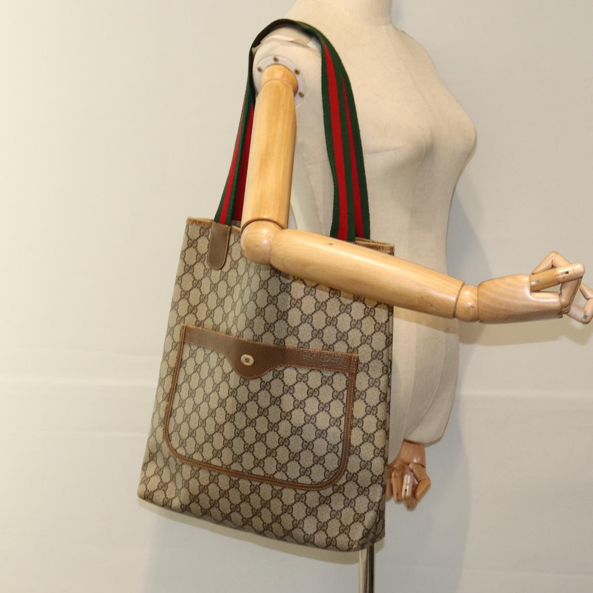 GUCCI GG Supreme Web Sherry Line Tote Bag PVC Beige Red 40 02 003 yk13821