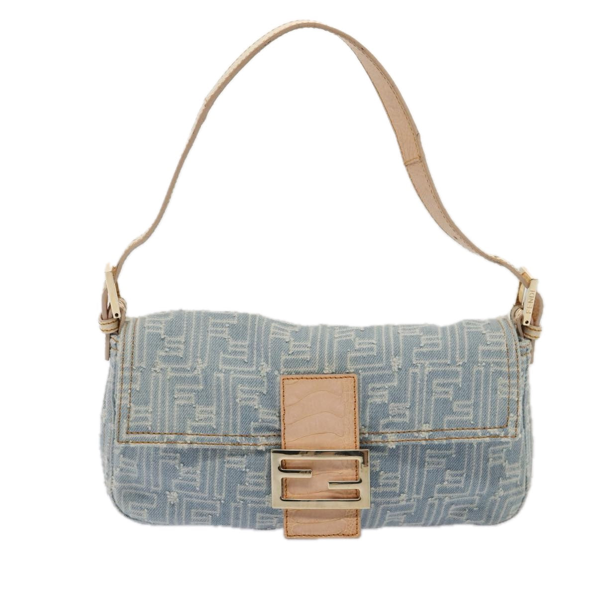 FENDI Zucca Canvas Mamma Baguette Shoulder Bag Denim Blue Gold yk14276A