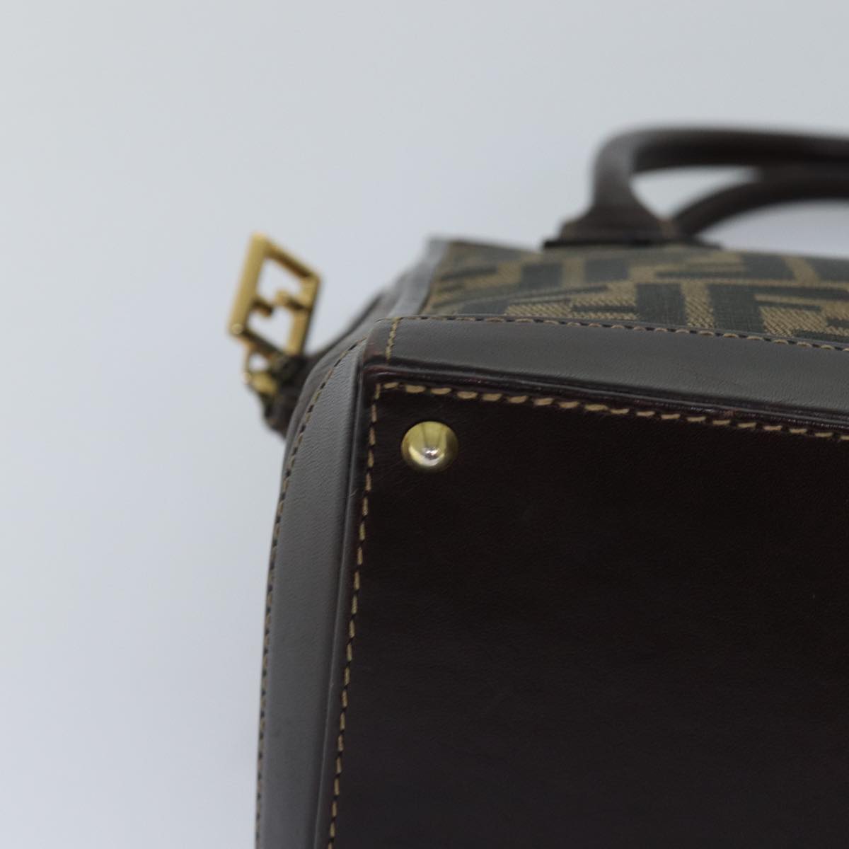 FENDI Zucca Canvas Hand Bag Brown Black gold yk14322