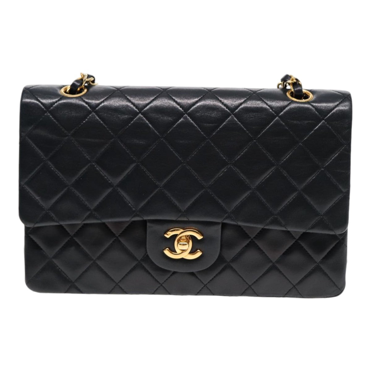 CHANEL Matelasse 25 Turn Lock Chain Bag Lamb Skin Black Gold CC yk14719A