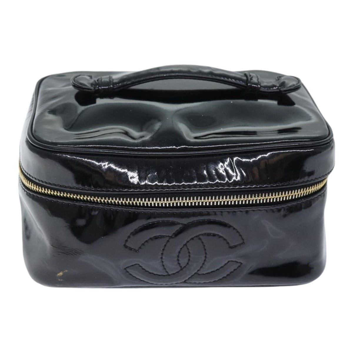 CHANEL COCO Mark Vanity Pouch Patent leather Black Gold CC yk14841