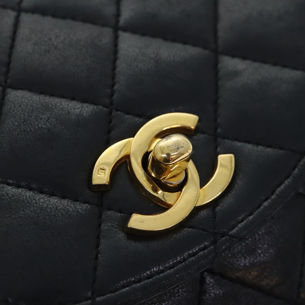 CHANEL Matelasse Turn Lock Chain Bag Lamb Skin Black Gold CC yk14979