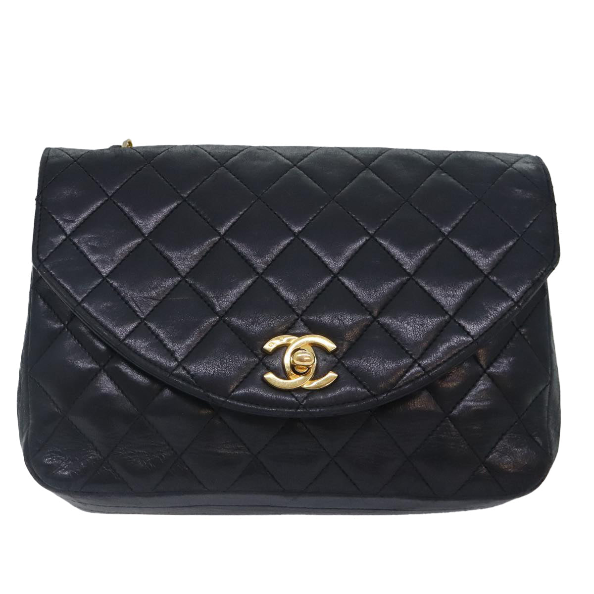 CHANEL Matelasse Turn Lock Chain Bag Lamb Skin Black Gold CC yk14979