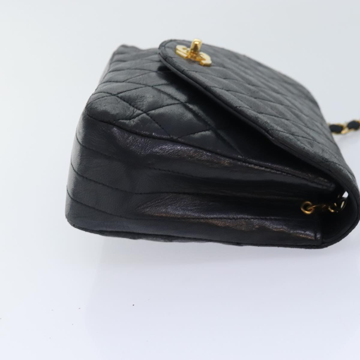 CHANEL Matelasse Turn Lock Chain Bag Lamb Skin Black Gold CC yk14979