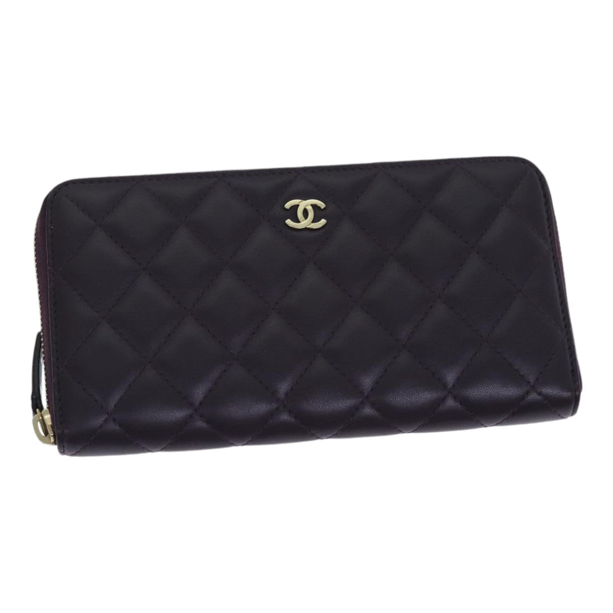 CHANEL Matelasse Long Wallet Lamb Skin Purple Gold CC yk15217