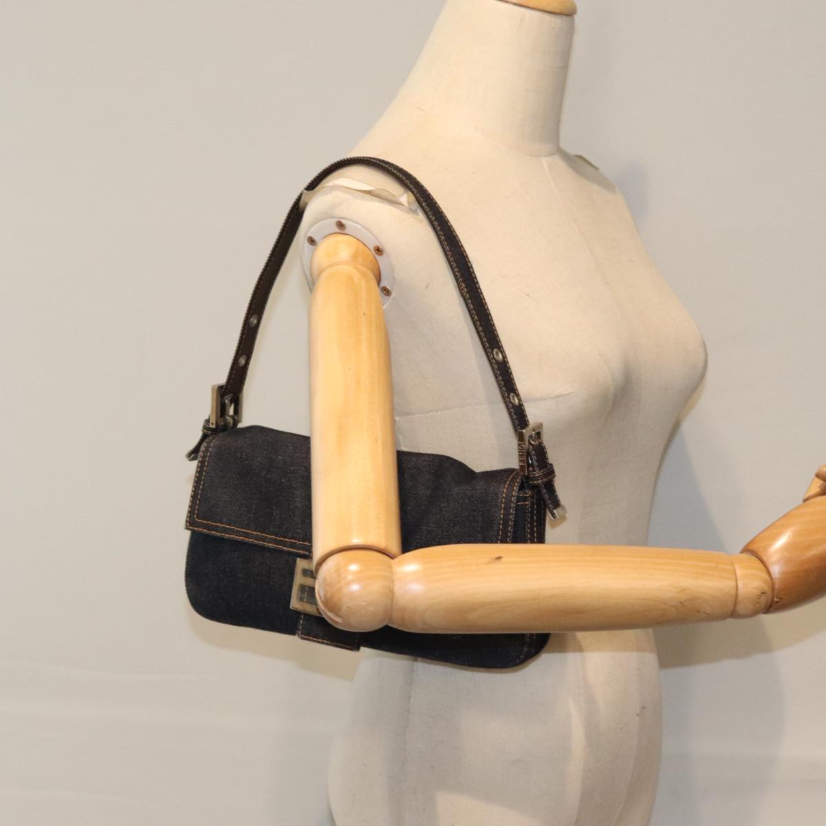 FENDI Mamma Baguette Shoulder Bag Denim Navy Silver yk15240A