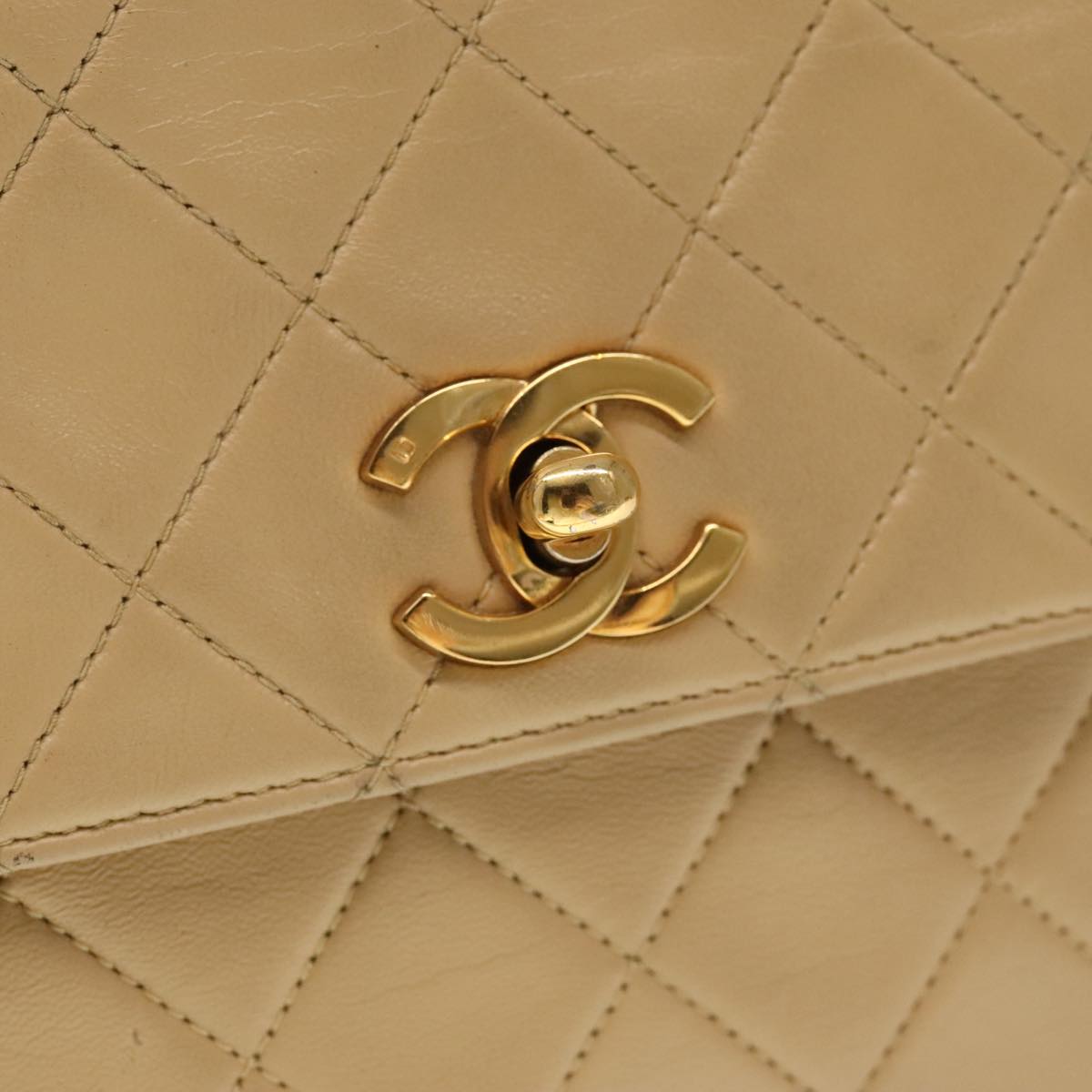 CHANEL Matelasse Chain Hand Bag Lamb Skin Beige Gold CC yk15903