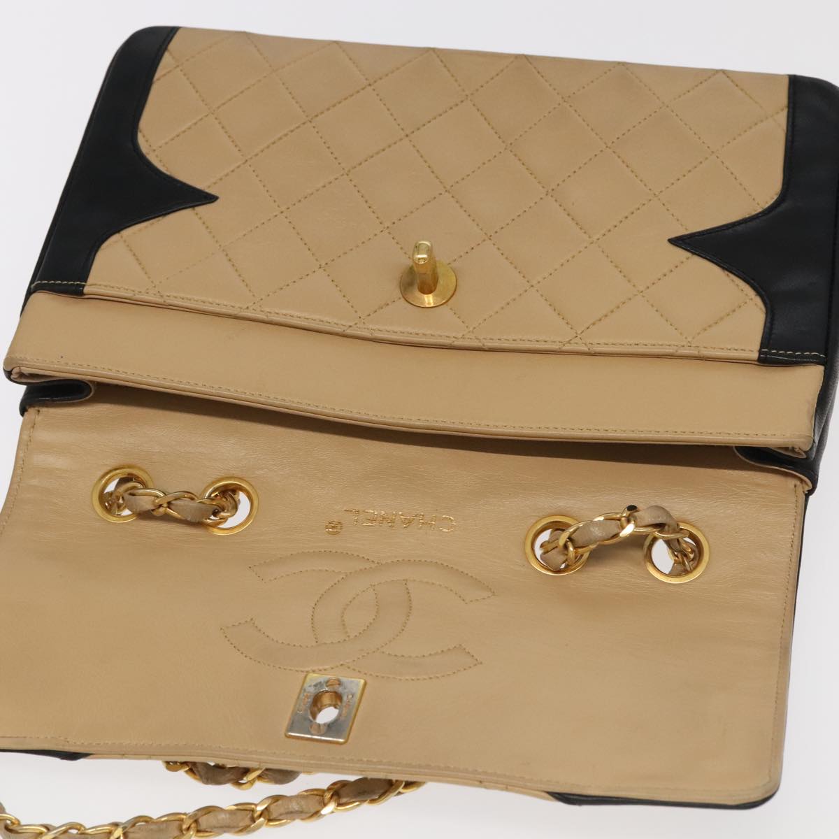 CHANEL Matelasse Chain Hand Bag Lamb Skin Beige Gold CC yk15903