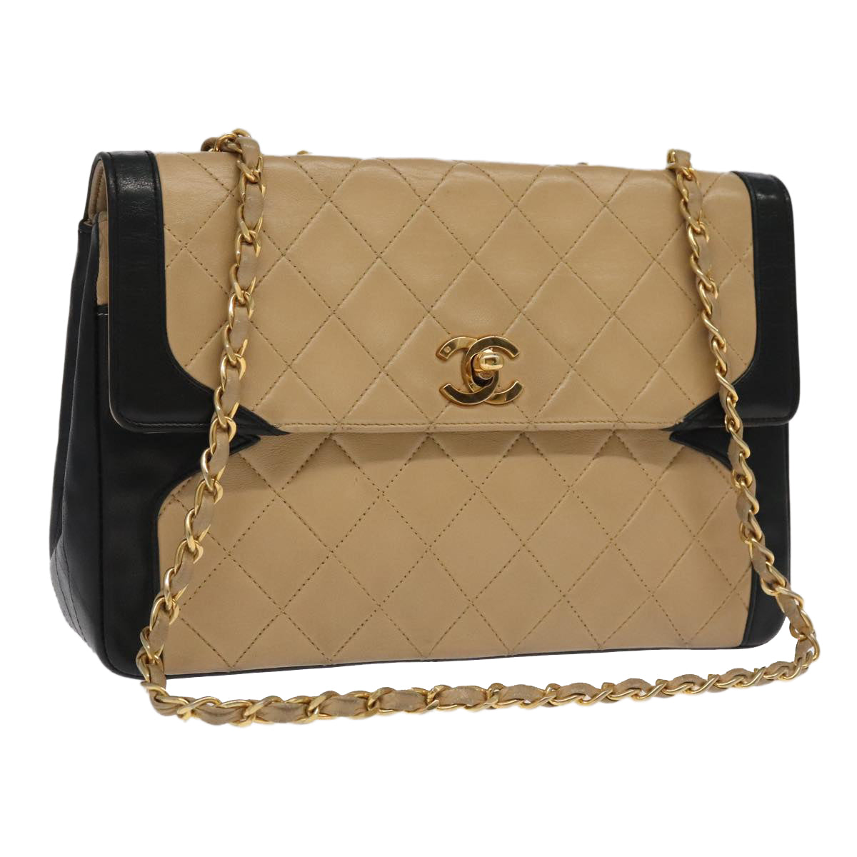 CHANEL Matelasse Chain Hand Bag Lamb Skin Beige Gold CC yk15903