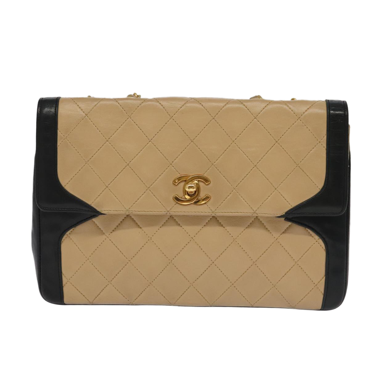 CHANEL Matelasse Chain Hand Bag Lamb Skin Beige Gold CC yk15903
