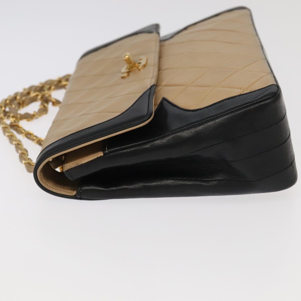CHANEL Matelasse Chain Hand Bag Lamb Skin Beige Gold CC yk15903