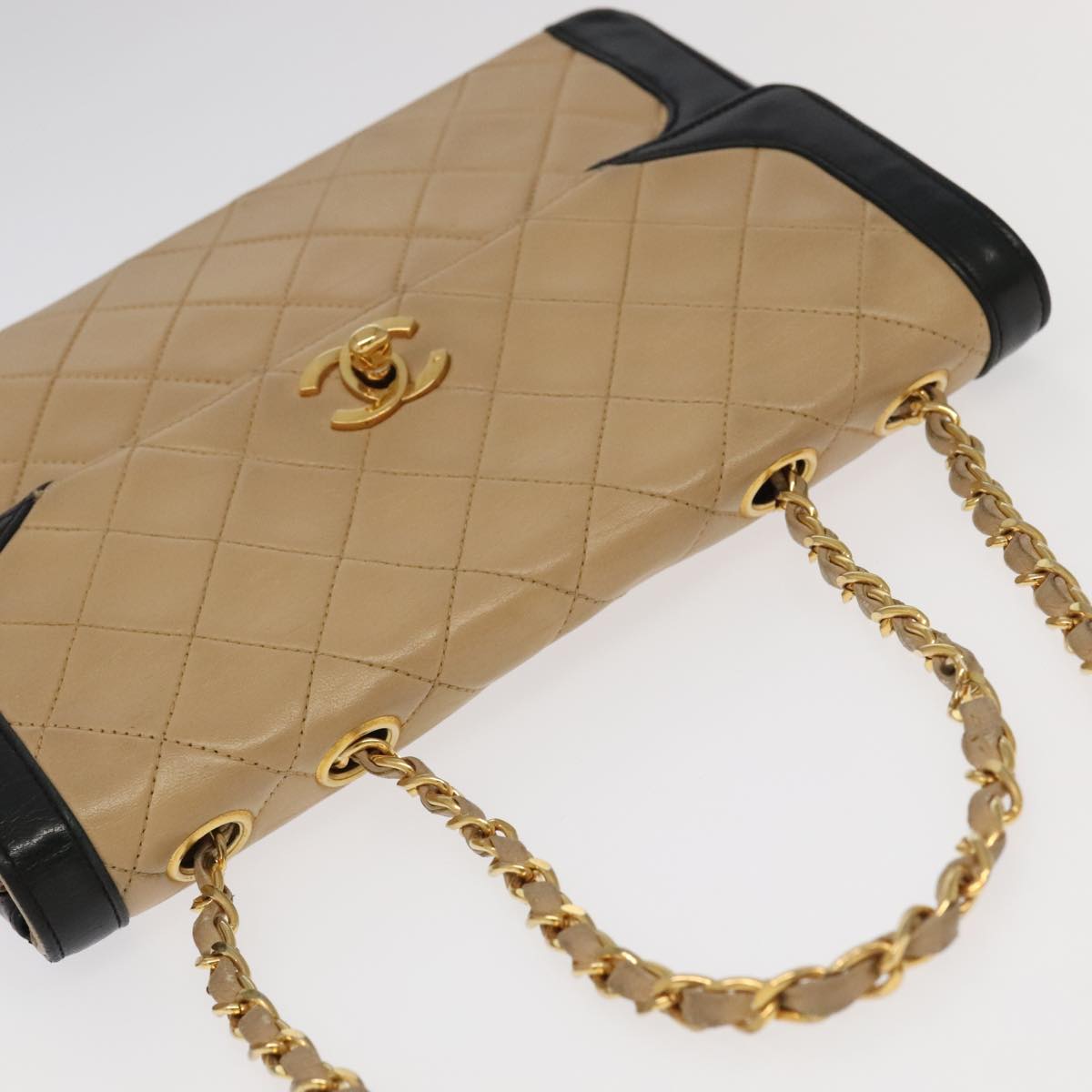 CHANEL Matelasse Chain Hand Bag Lamb Skin Beige Gold CC yk15903