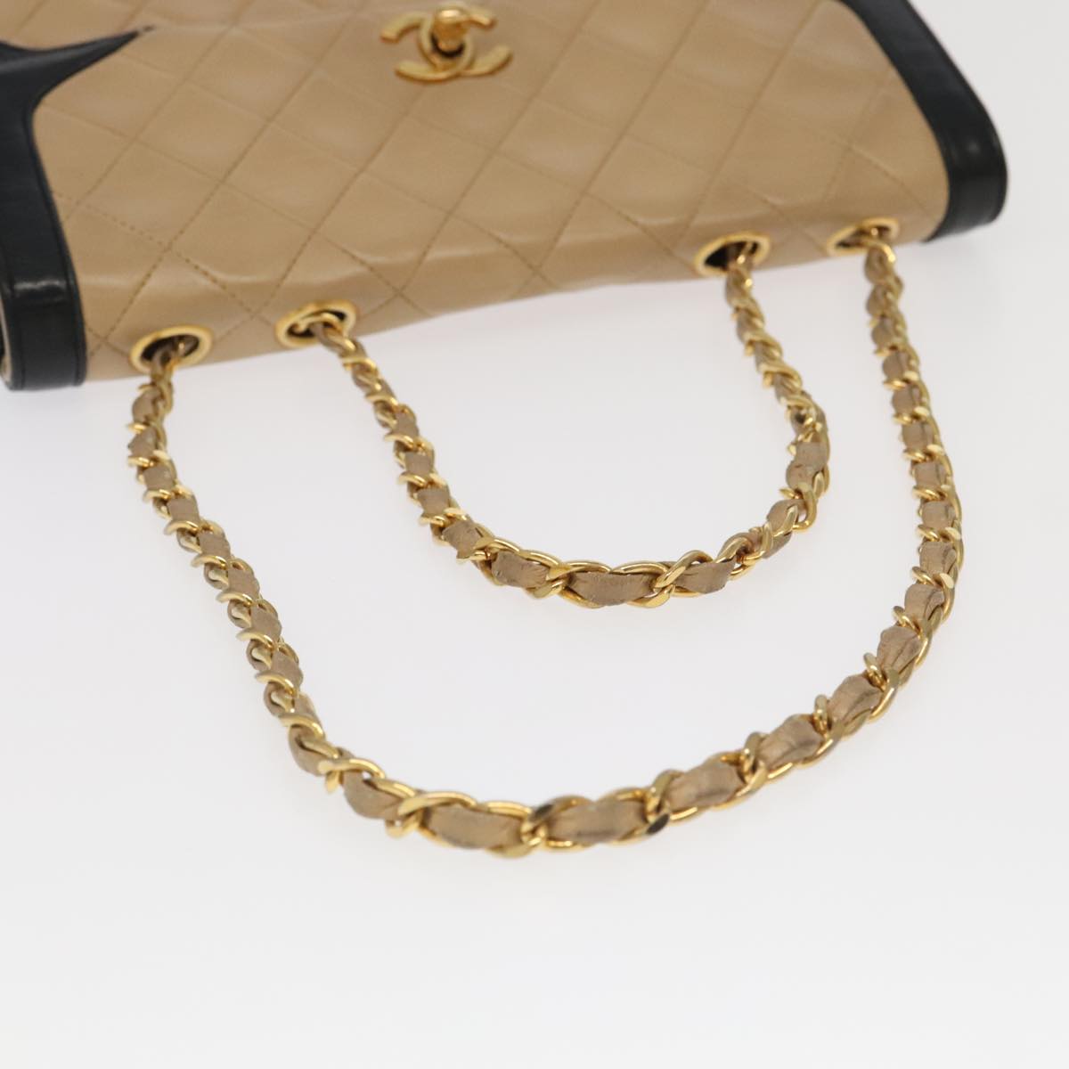 CHANEL Matelasse Chain Hand Bag Lamb Skin Beige Gold CC yk15903