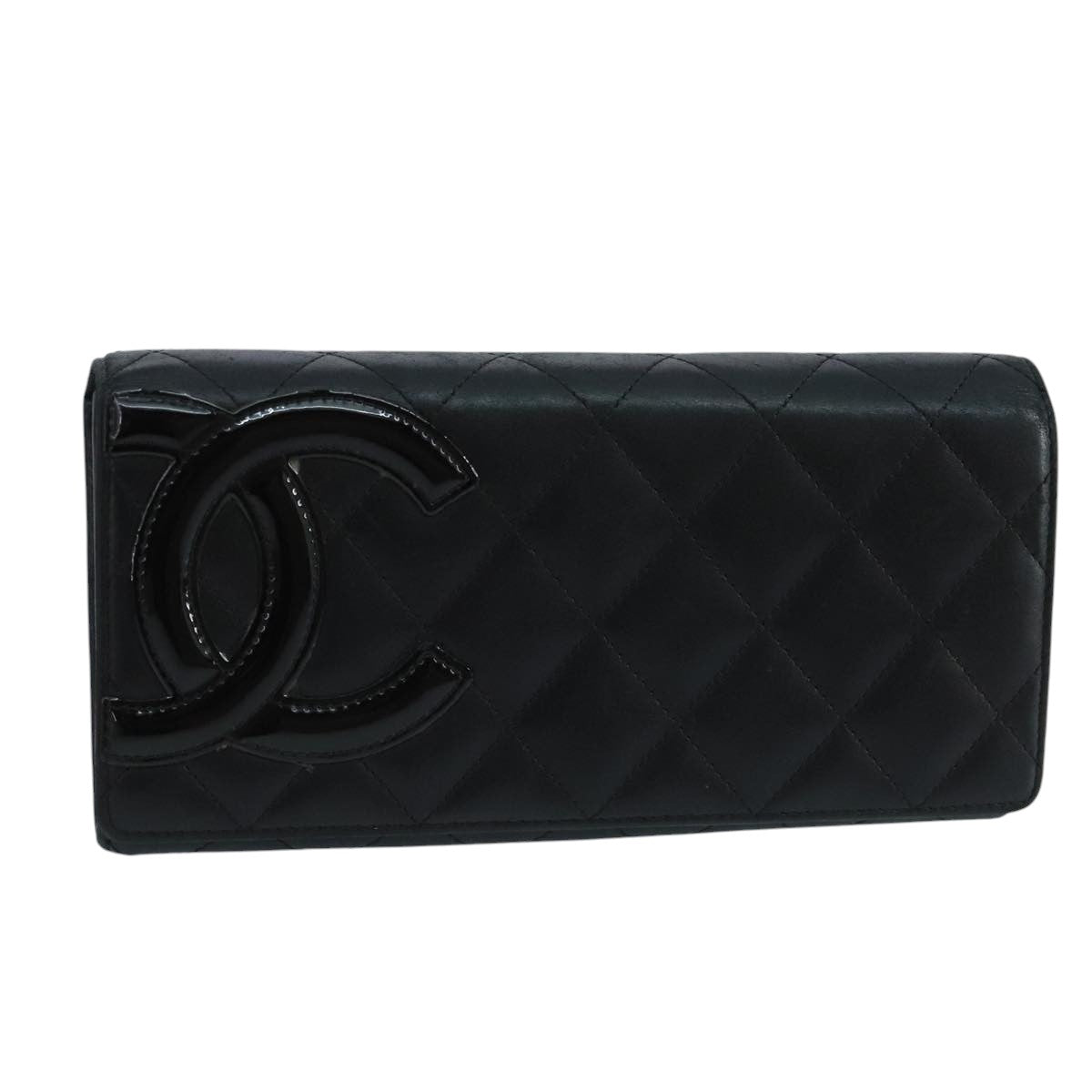 CHANEL Cambon Line Long Wallet Leather Black Silver CC yk16124