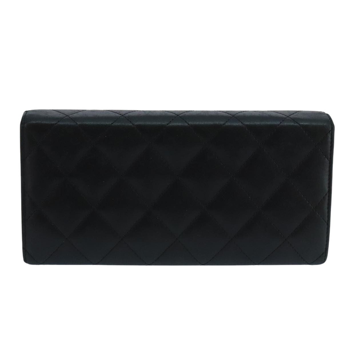 CHANEL Cambon Line Long Wallet Leather Black Silver CC yk16124