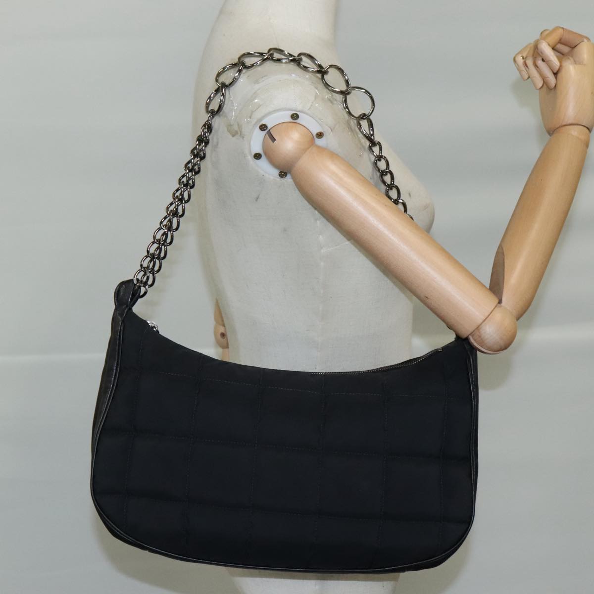 CHANEL Choco Bar Chain Shoulder Bag Nylon Black CC yk16437