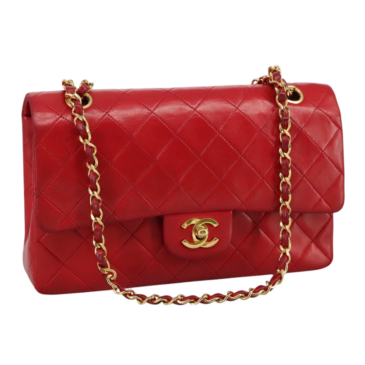 CHANEL Matelasse 25 Chain Hand Bag Lamb Skin Red Gold CC yk16697