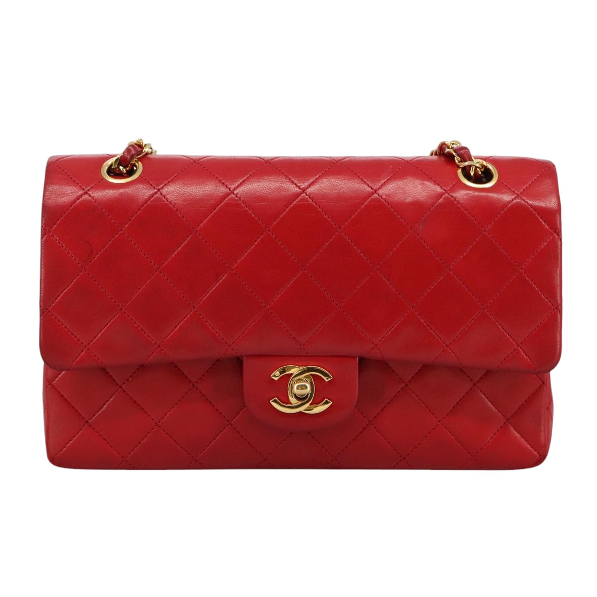 CHANEL Matelasse 25 Chain Hand Bag Lamb Skin Red Gold CC yk16697