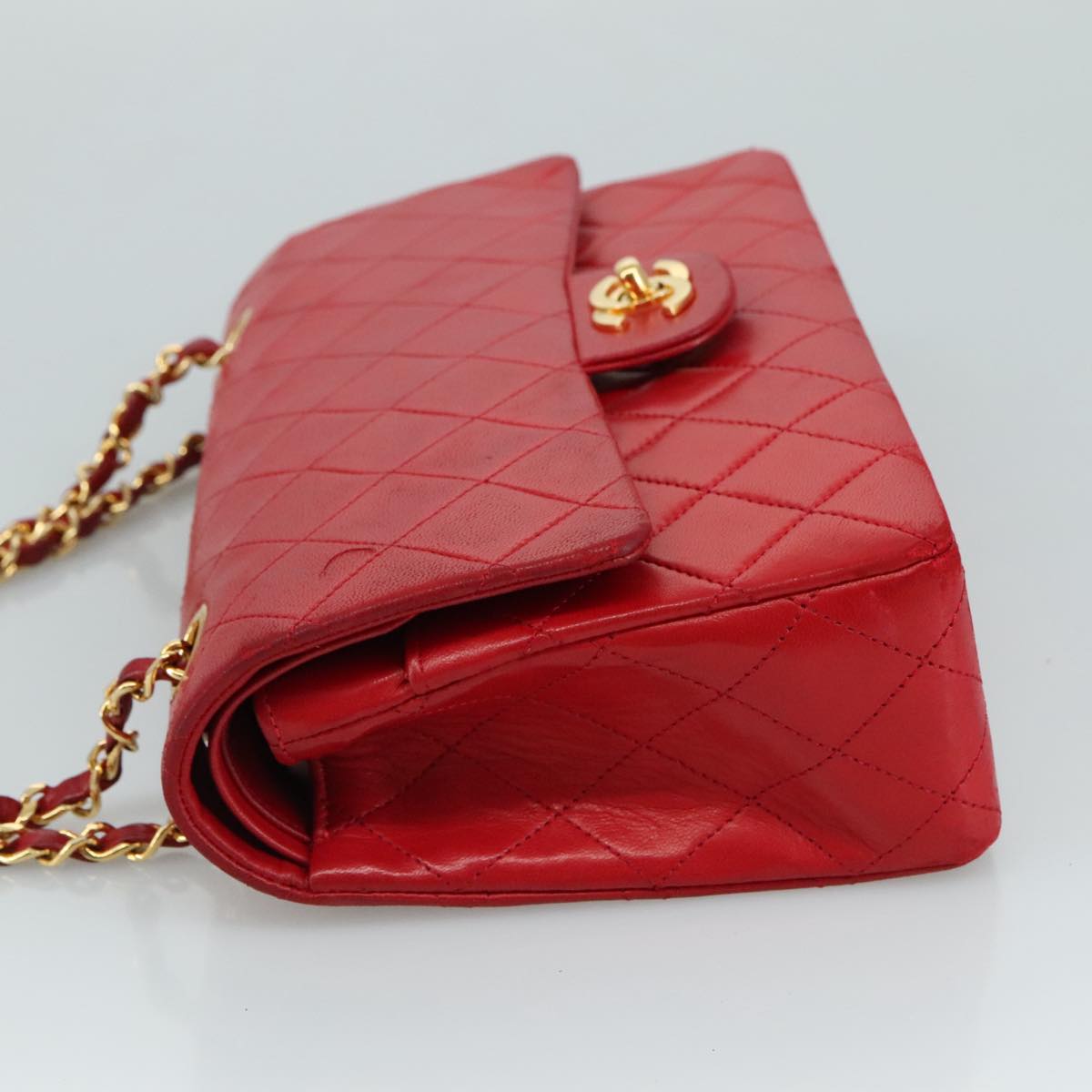 CHANEL Matelasse 25 Chain Hand Bag Lamb Skin Red Gold CC yk16697