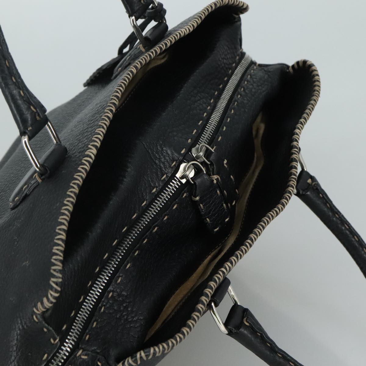 FENDI Celeria Hand Bag Leather Black Silver yk16876