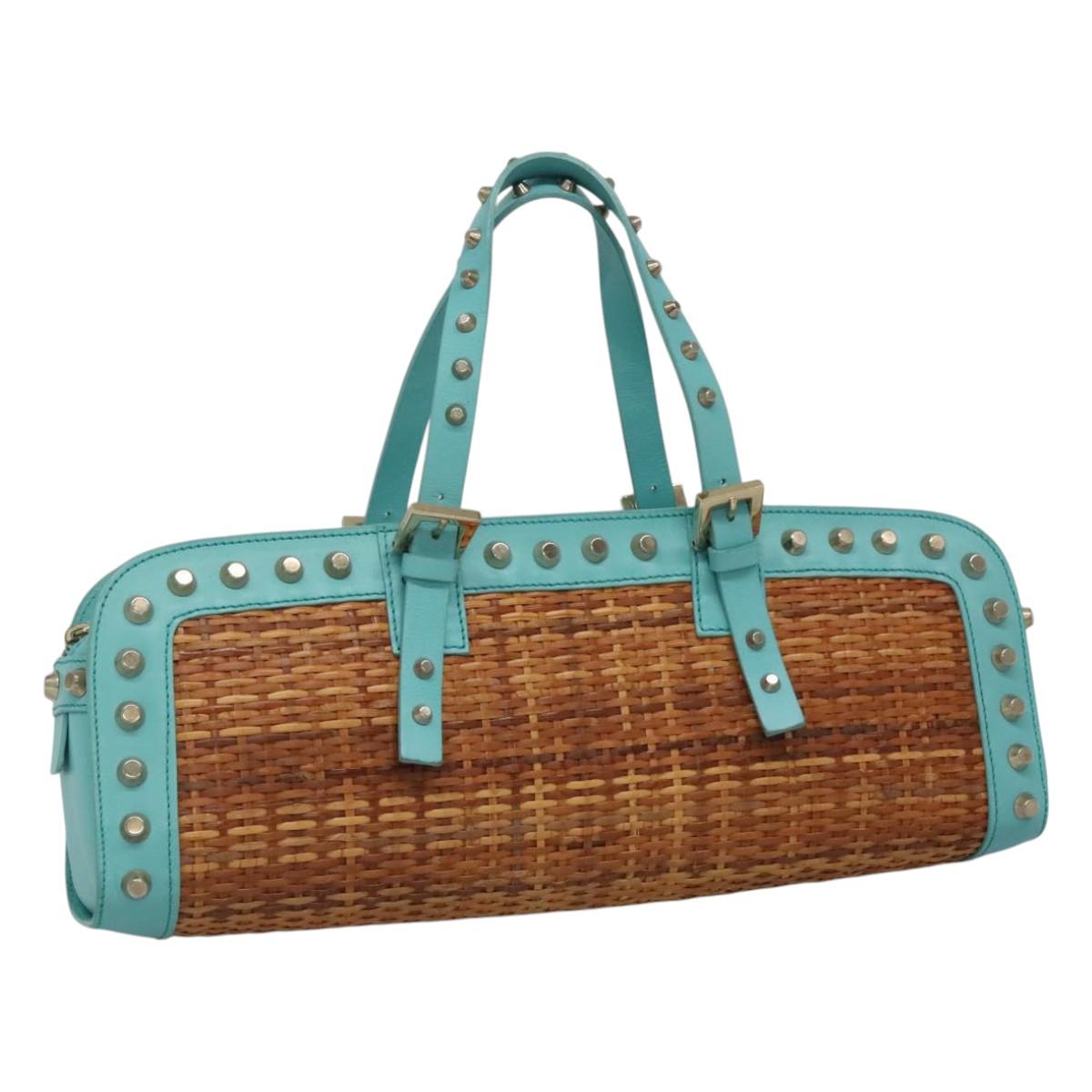FENDI Studs Hand Bag Straw Beige Gold yk17312