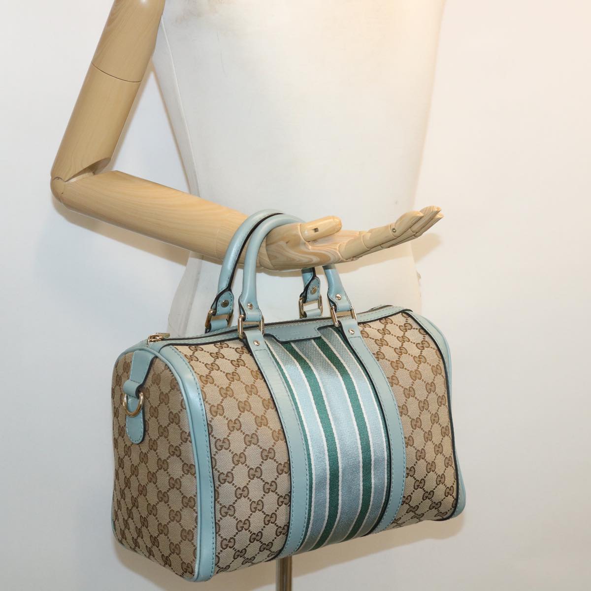 GUCCI GG Canvas Boston Bag 2way Beige Blue 247205525040 yk5123A