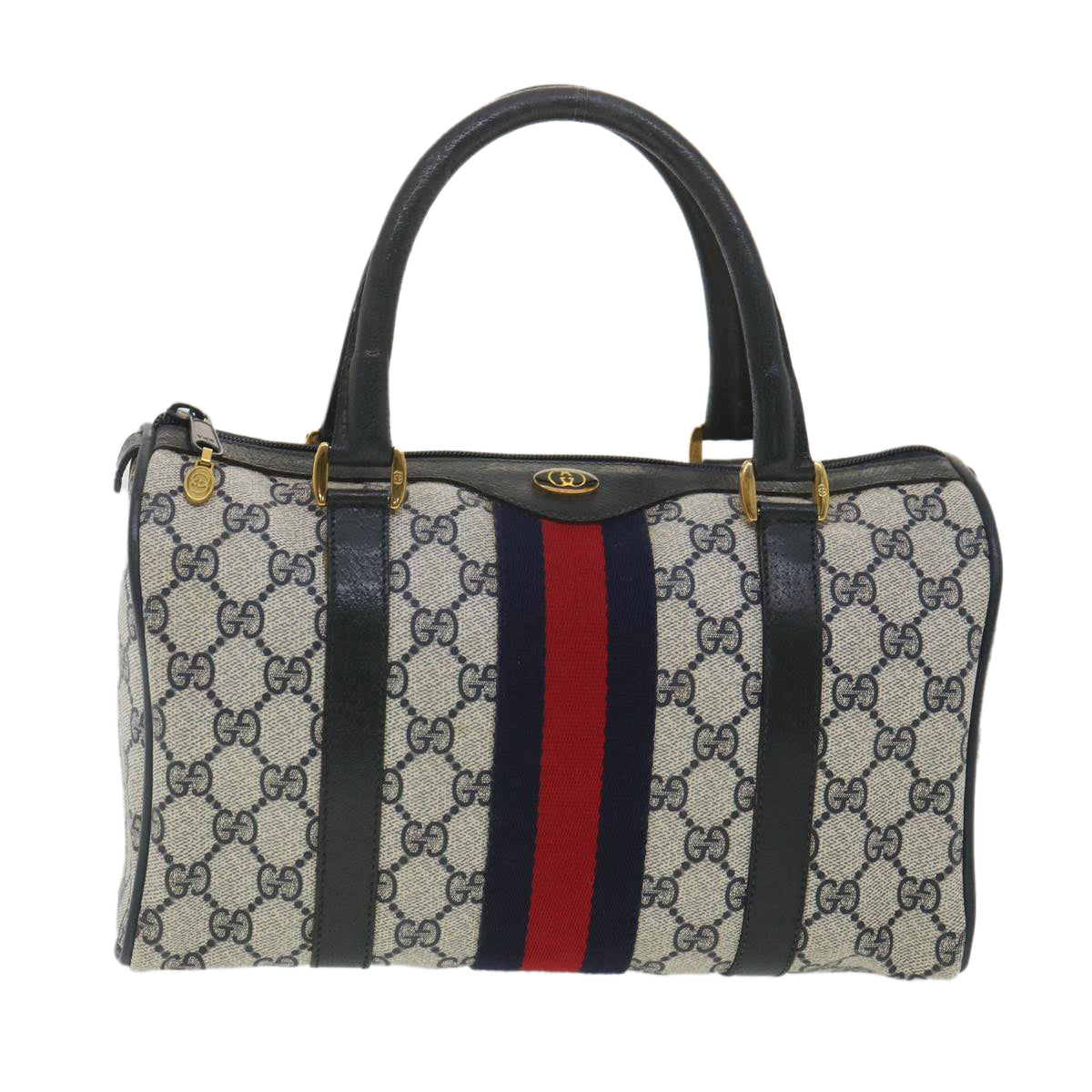 GUCCI Sherry Line GG Canvas Boston Bag PVC Leather Navy Red yk5679B