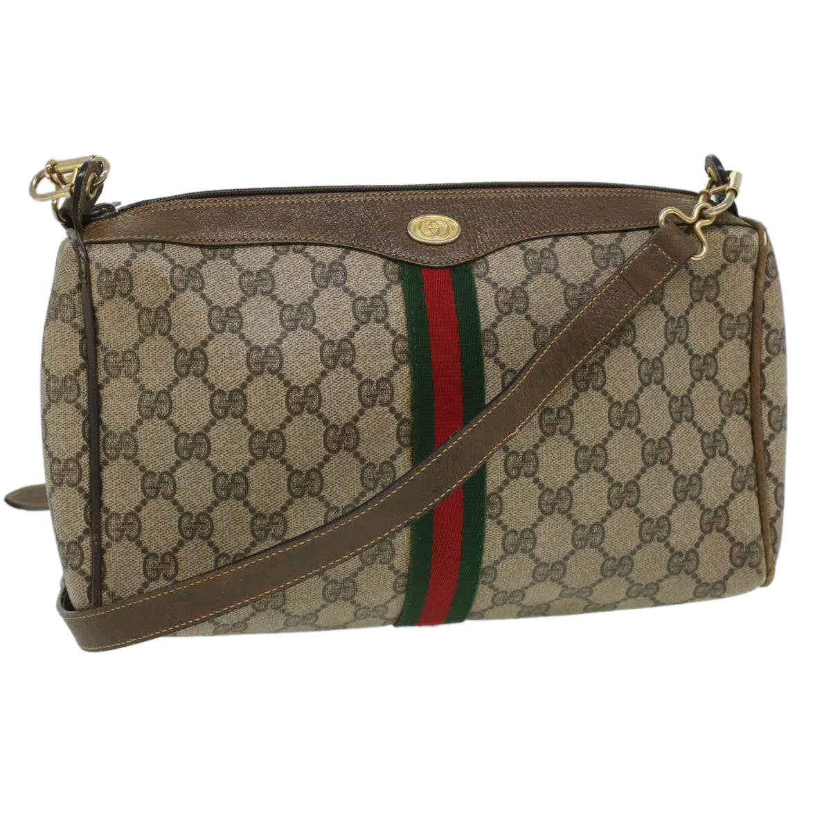 GUCCI Web Sherry Line GG Canvas Shoulder Bag PVC Leather Beige Red yk5803B