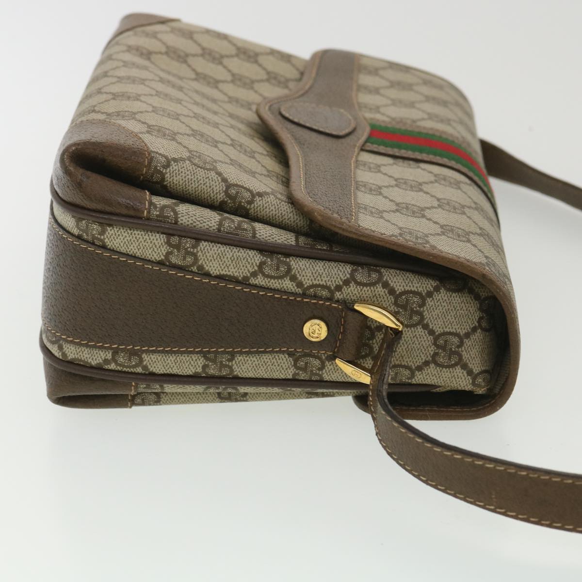 GUCCI Web Sherry Line GG Canvas Shoulder Bag PVC Leather Beige Green yk6091