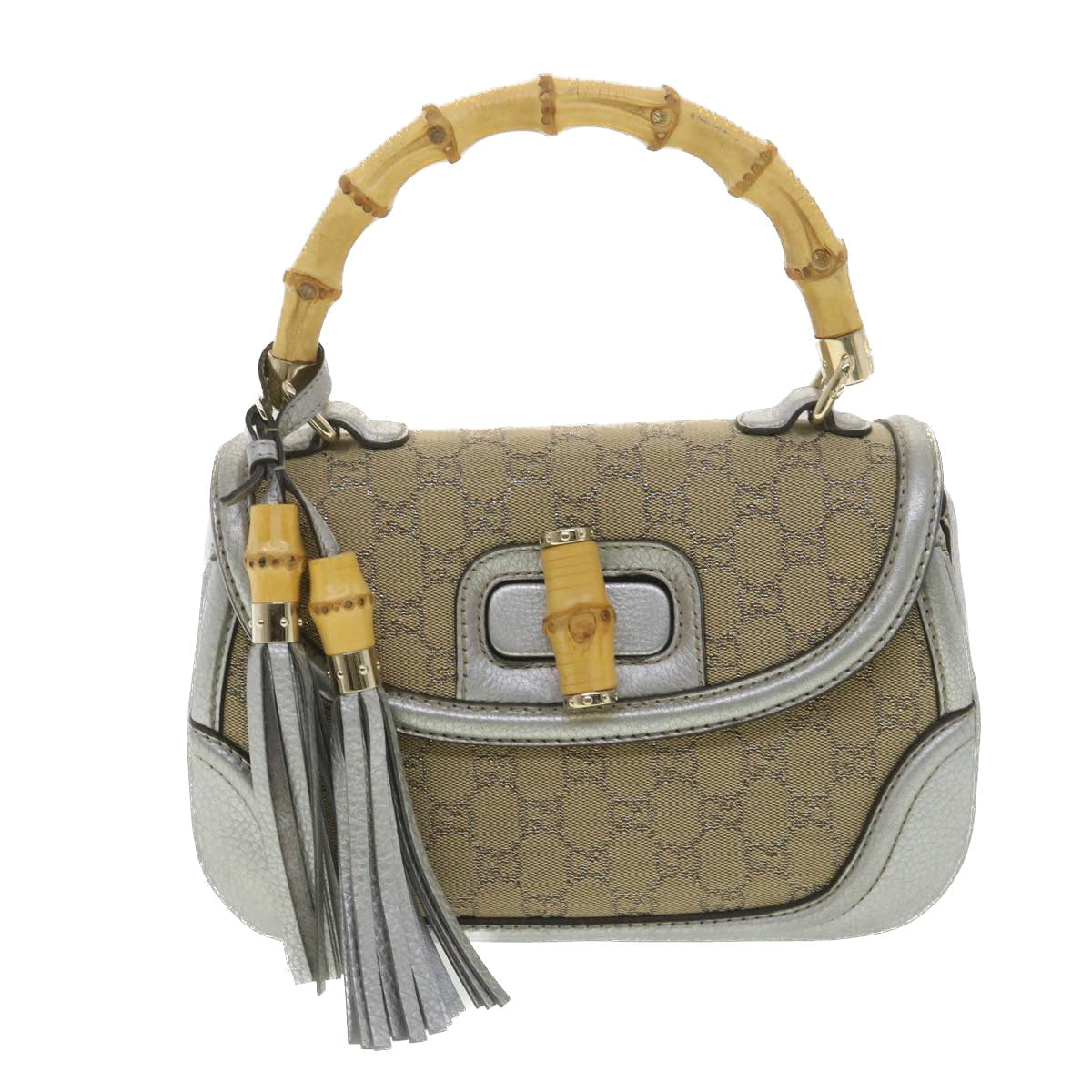 GUCCI GG Canvas Bamboo Hand Bag Beige Silver 254884 yk6106